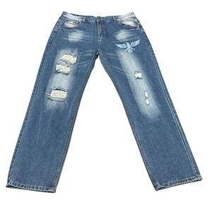 Mens Distressed Eagle Graphic Straight Leg Jeans Medium Wash Blue Streetwear